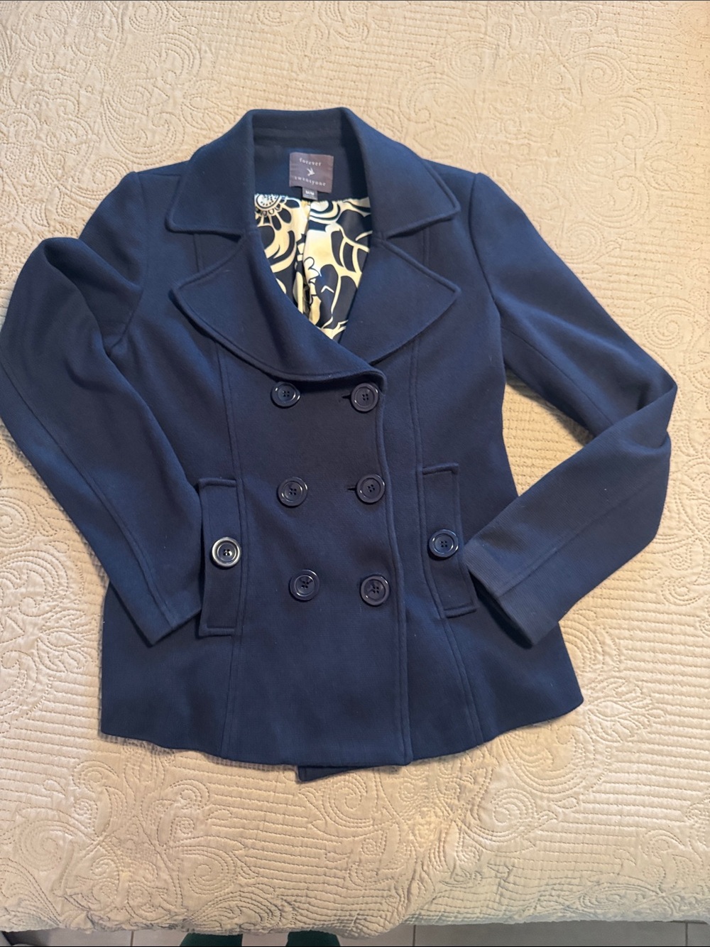 Forever 21 Navy Double-Breasted Peacoat with Notched Lapel